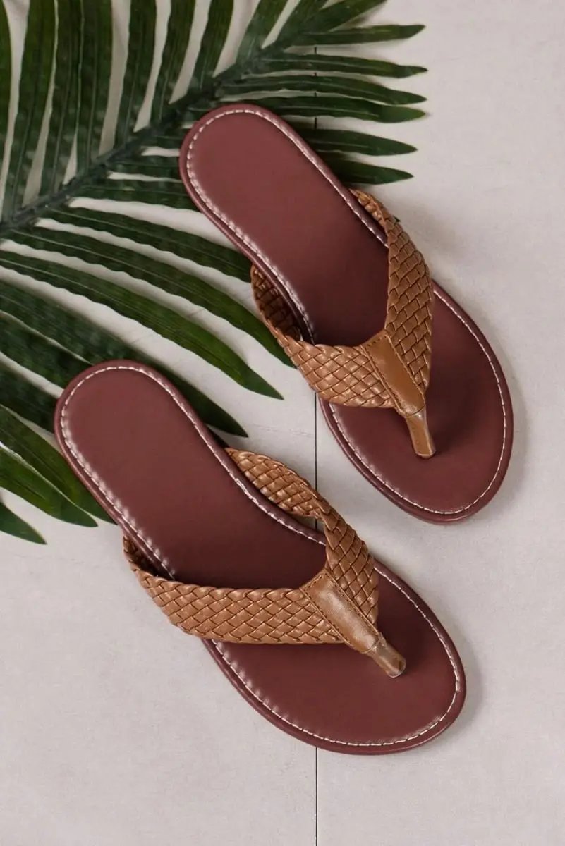 Chestnut Braided Strap PU Leather Flip Flop - Love Salve
